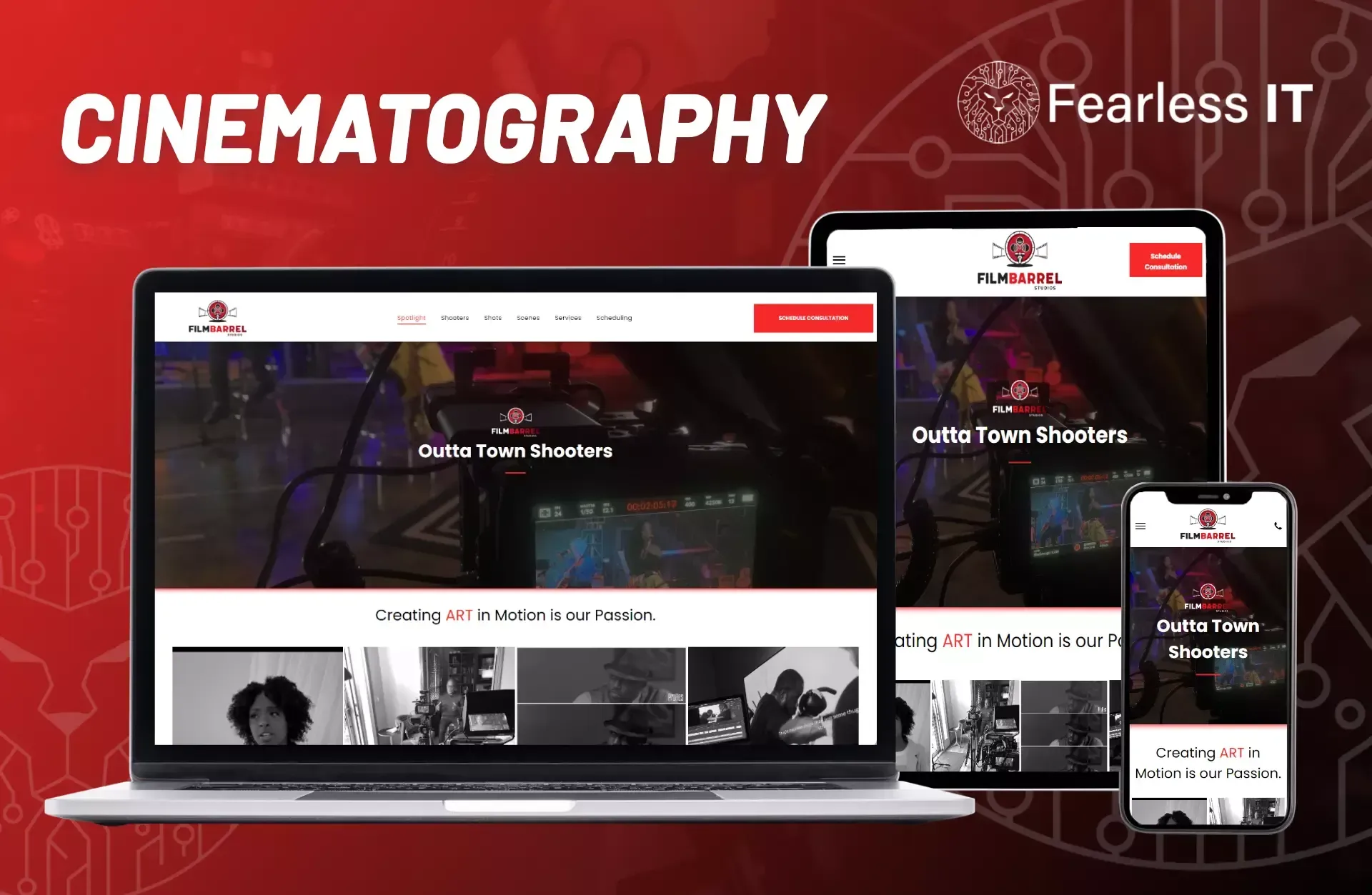 Laptop, tablet, and smartphone displaying the Fearless IT website on a dark red background with tech-inspired graphics.