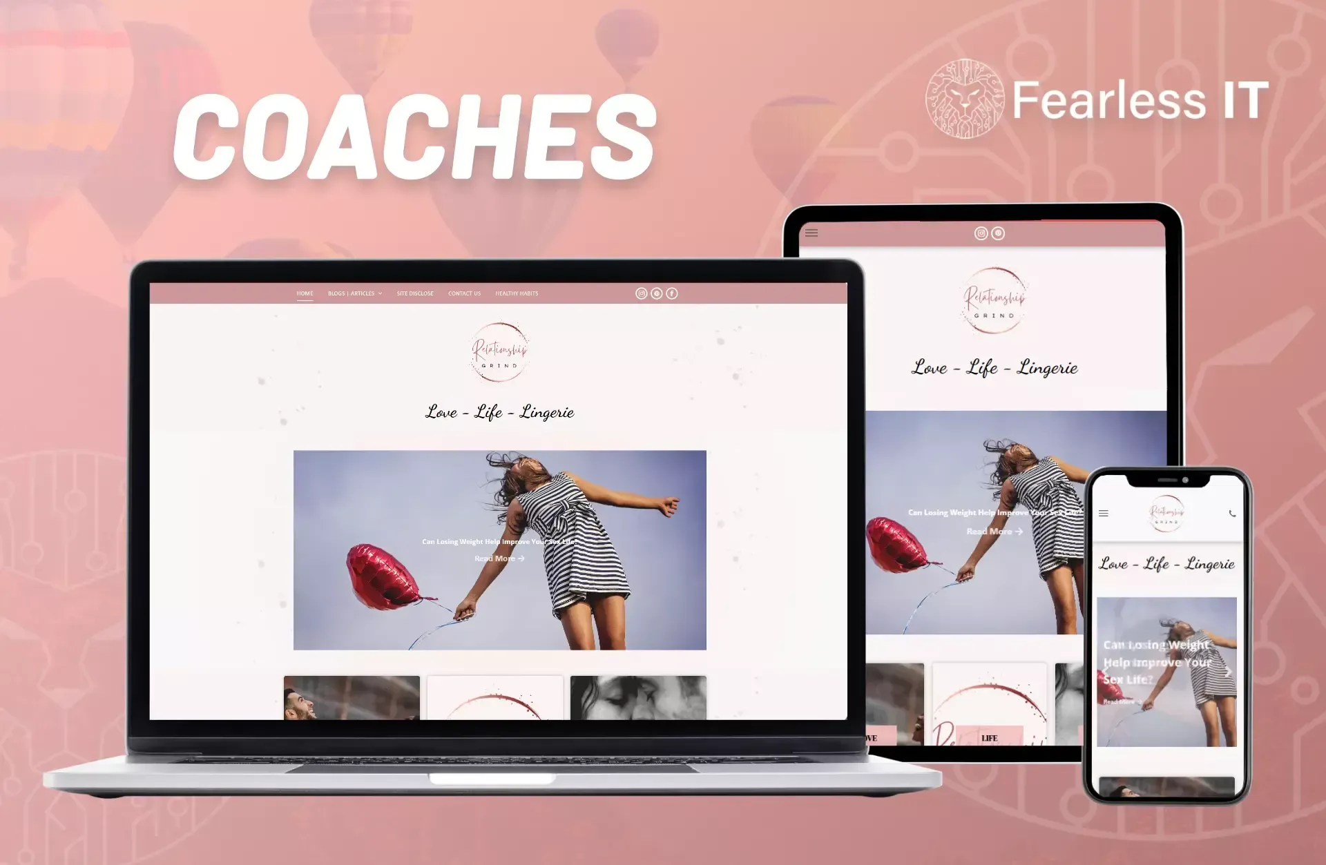 A laptop, tablet, and smartphone displaying a website with a pink color scheme, featuring a woman holding a red balloon.