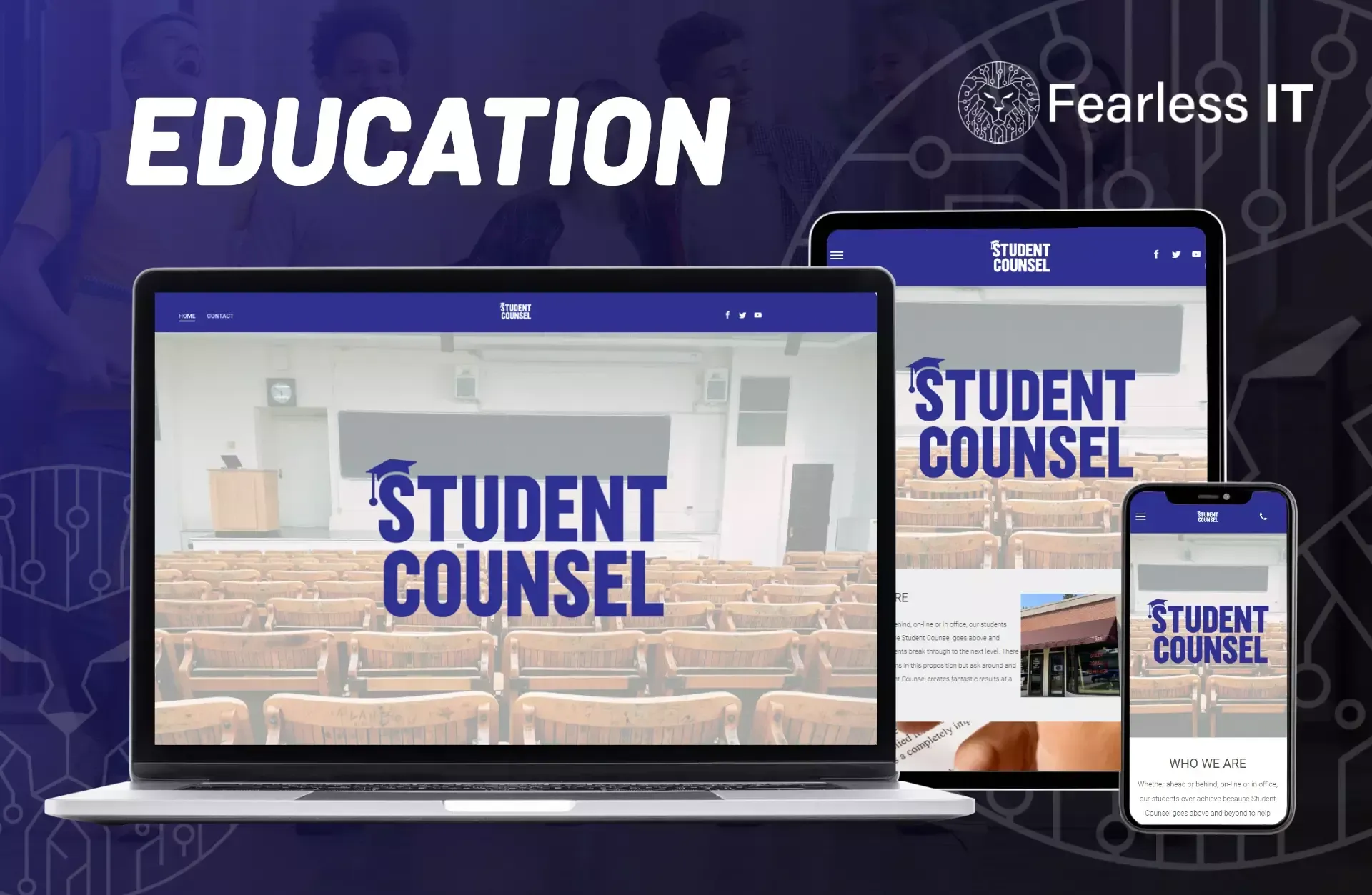 A laptop, tablet, and smartphone displaying a website titled 