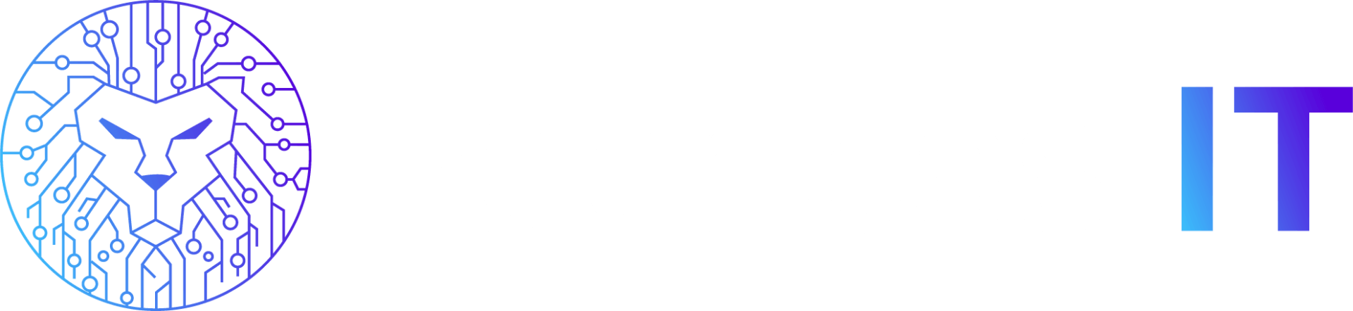 A logo featuring a stylized lion's head formed by circuit board lines, with the blue-to-purple gradient text