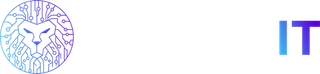 A logo featuring a stylized lion's head formed by circuit board lines, with the blue-to-purple gradient text