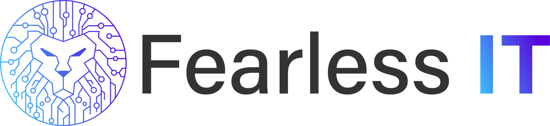 Logo for Fearless IT featuring a blue-to-purple gradient lion head stylized with integrated circuit board lines.