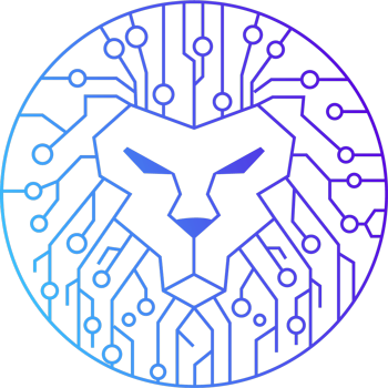 Stylized lion face logo with geometric circuit board patterns in a blue and purple gradient inside a circle.