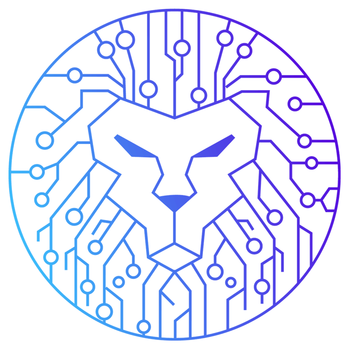 A stylized lion head outline with circuit board lines and nodes, featuring a blue-to-purple gradient within a circle.