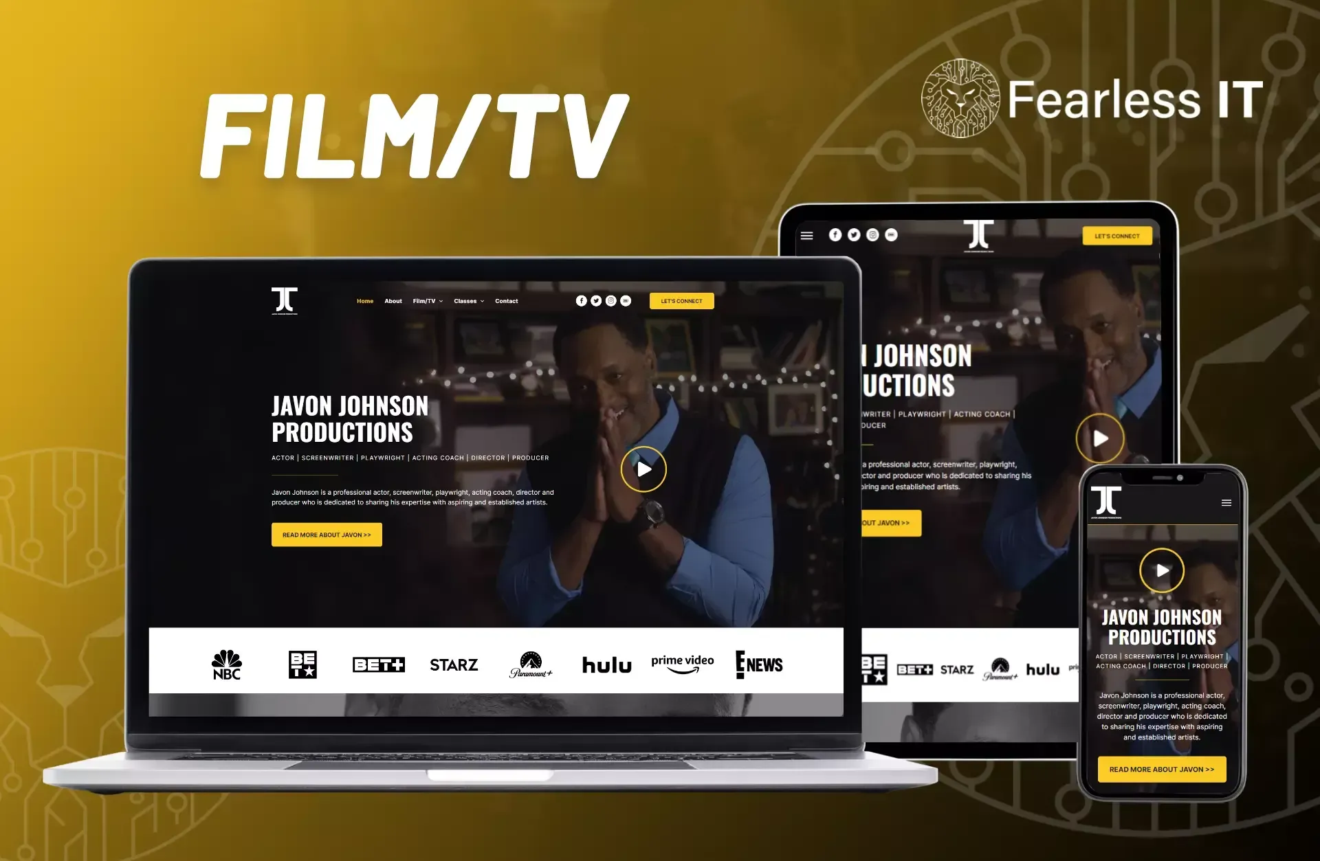 A laptop, tablet, and smartphone displaying a Film/TV company website with a yellow and black theme against a dark background.