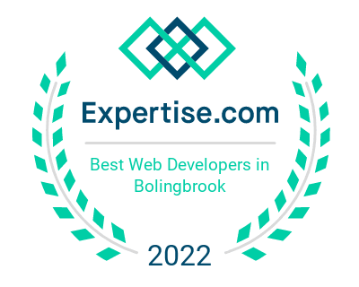 Expertise.com badge for Best Web Developers in Bolingbrook 2022, featuring a teal laurel wreath and geometric logo.