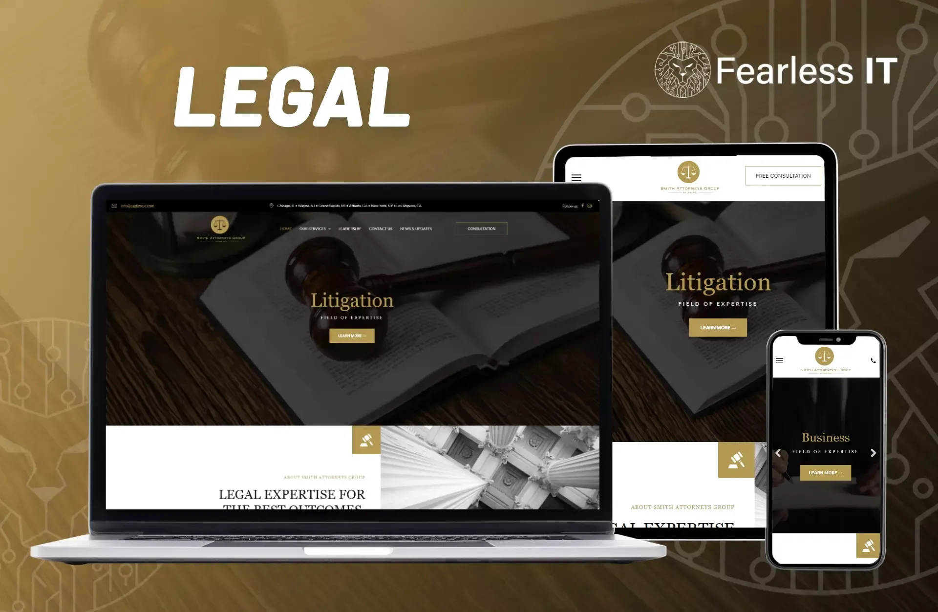 A laptop, tablet, and smartphone display a legal services website for Fearless IT against a dark gold background.