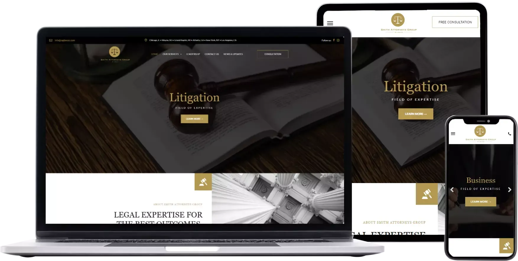 A laptop, tablet, and smartphone displaying a law firm's website with a 