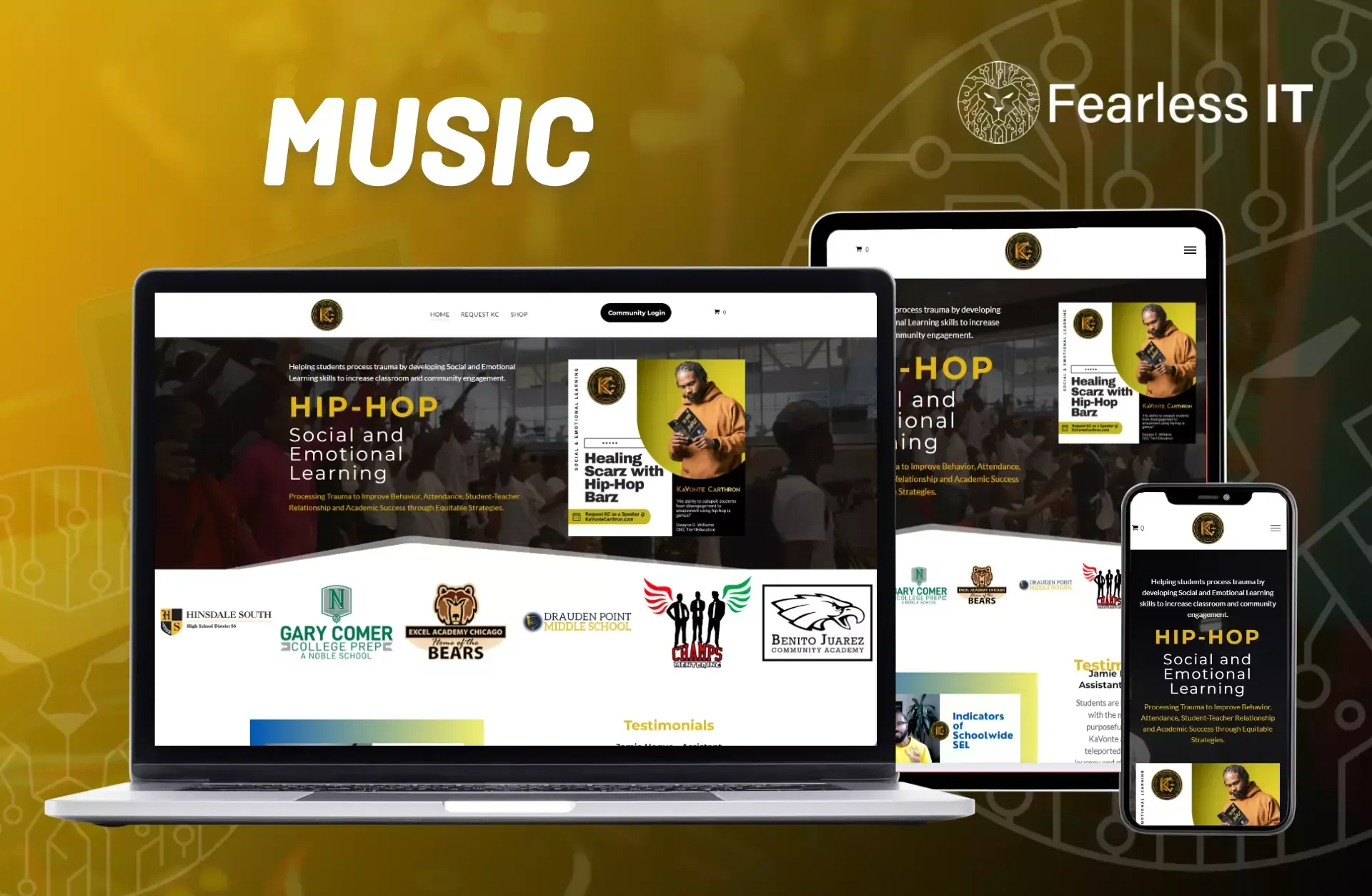 Responsive web design showcasing a music website on a laptop, tablet, and smartphone against a golden background.