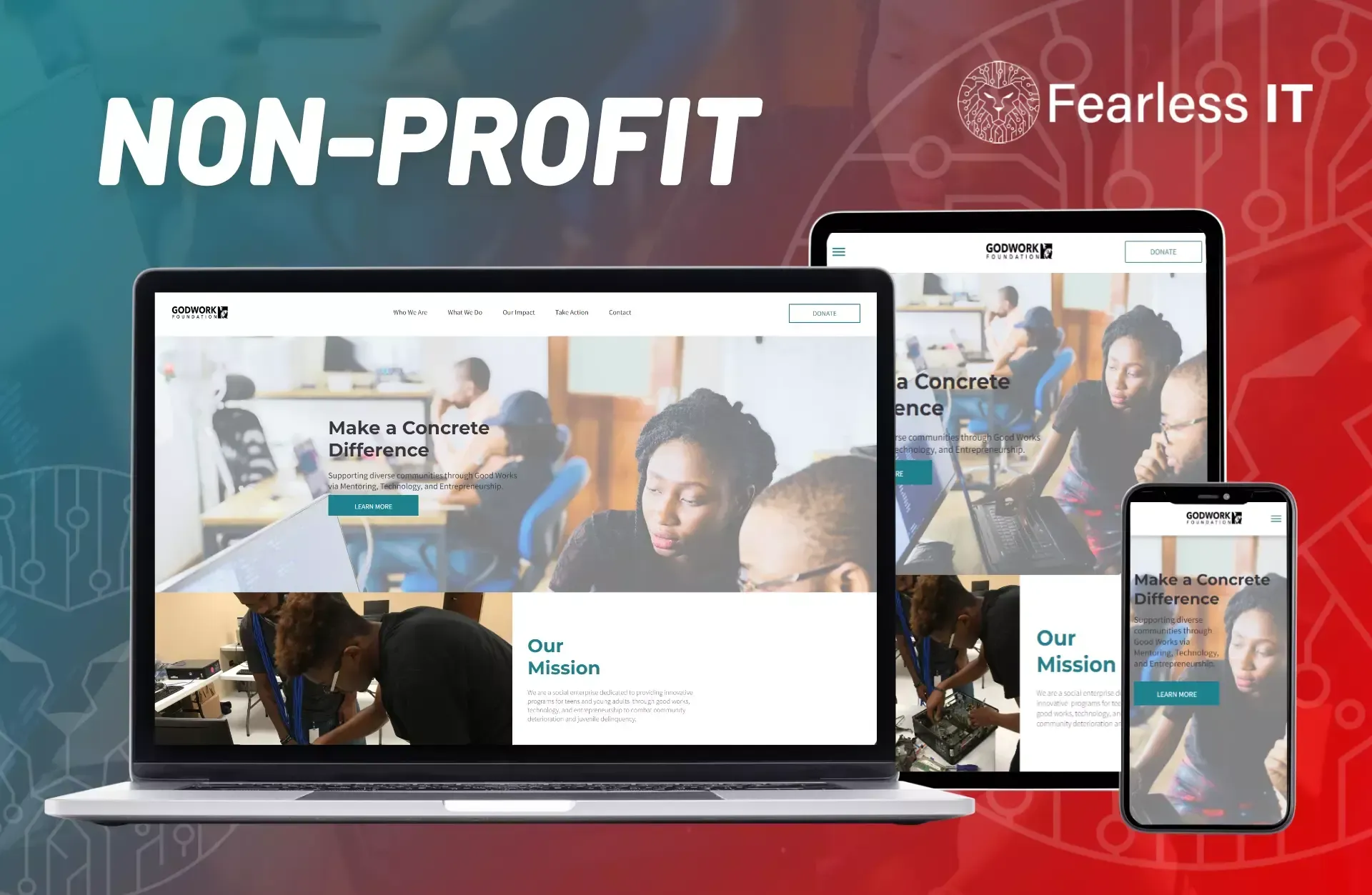 A laptop, tablet, and smartphone display a nonprofit website design against a red background with 