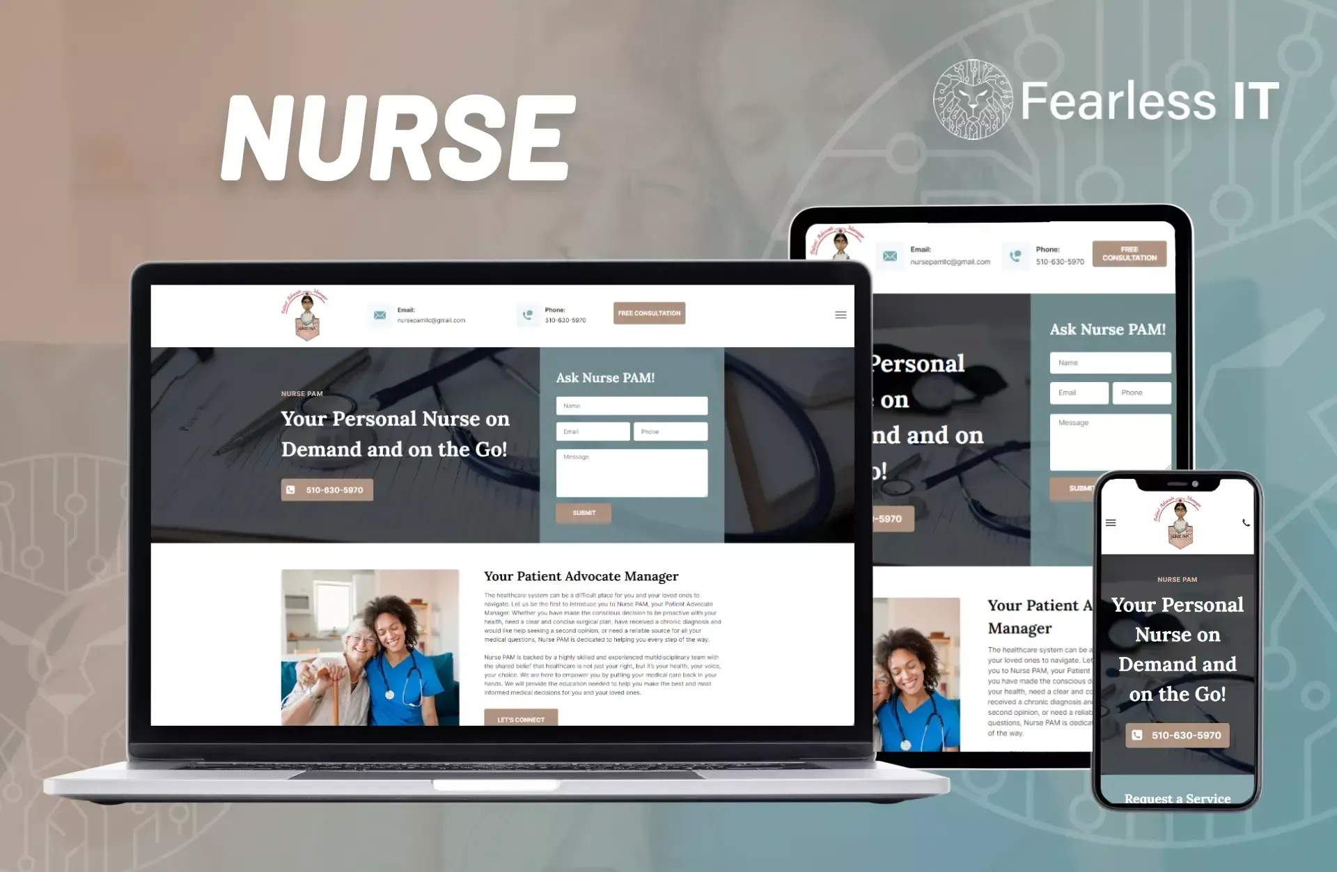 Responsive website design for a nursing service displayed on a laptop, tablet, and smartphone with 