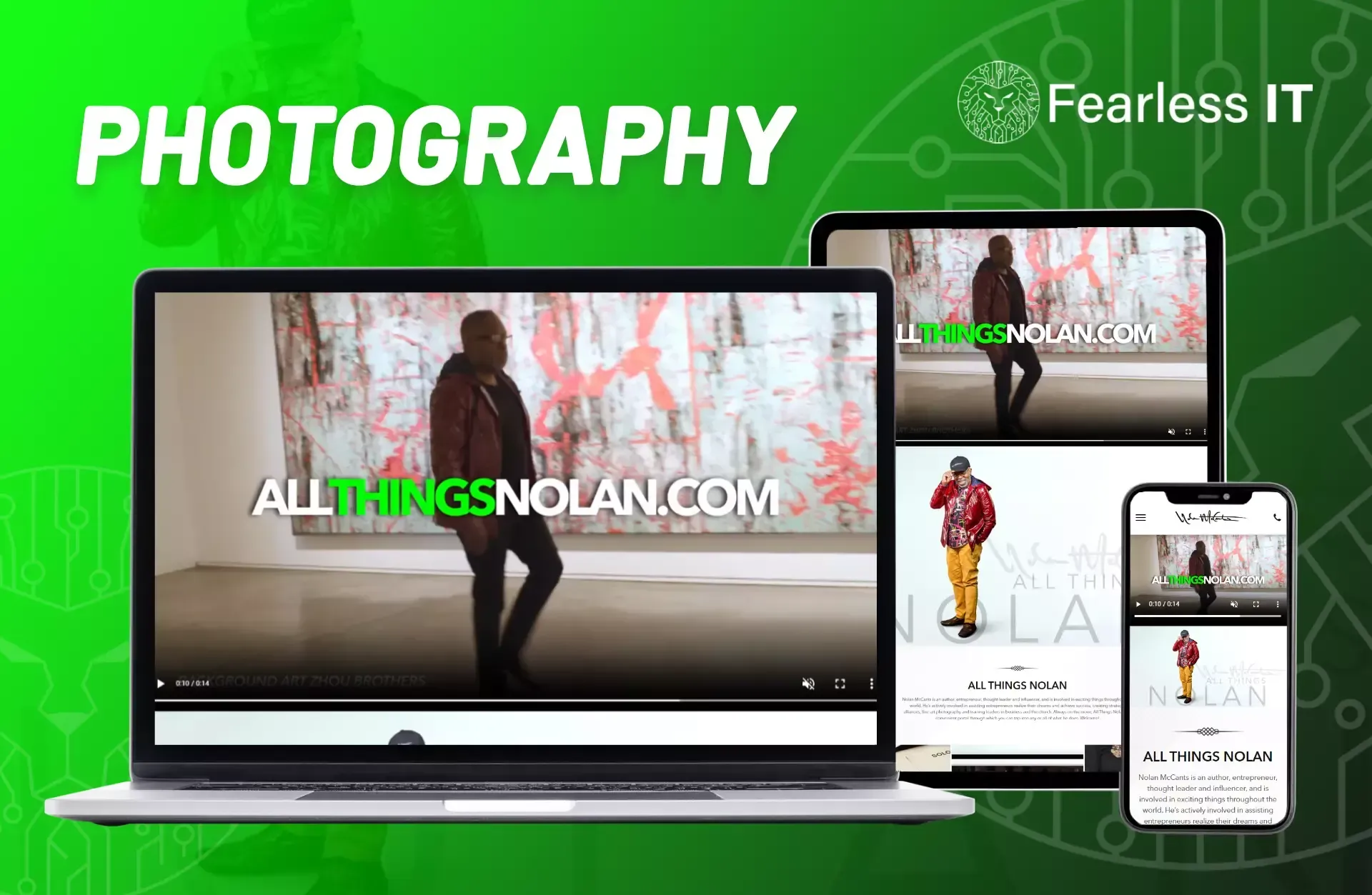 A green marketing graphic showing a laptop, tablet, and smartphone displaying a photography website, AllThingsNolan.com.