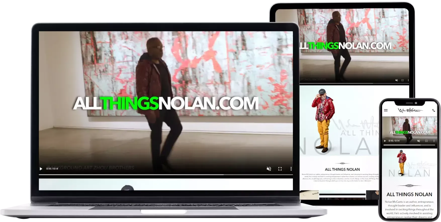 Three devices (laptop, tablet, phone) displaying a website featuring a man and the text 