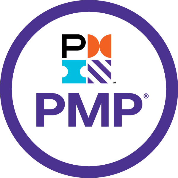 Project Management Professional (PMP) logo: a circular purple border containing the PMP text and a four-square icon.
