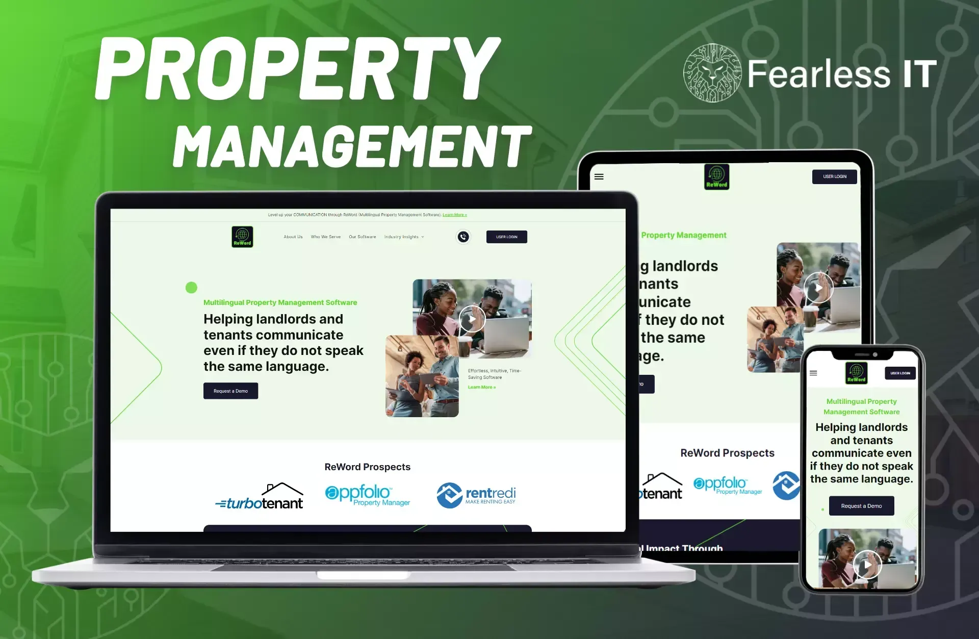 Laptop, tablet, and phone displaying the Fearless IT website for property management against a green patterned background.