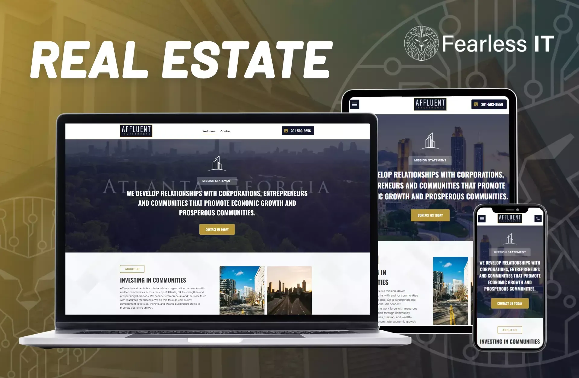 A laptop, tablet, and smartphone displaying a real estate website design against a dark, tech-themed background.