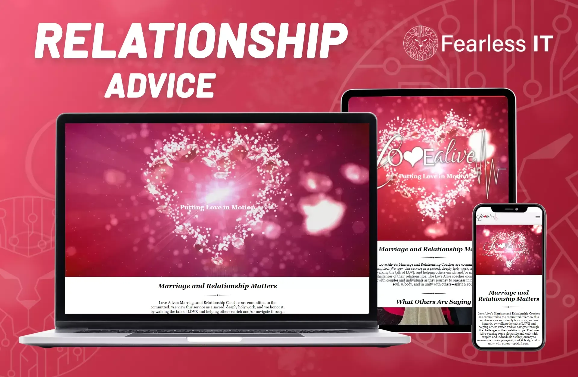 A laptop, tablet, and smartphone displaying a website with a pink heart theme titled 