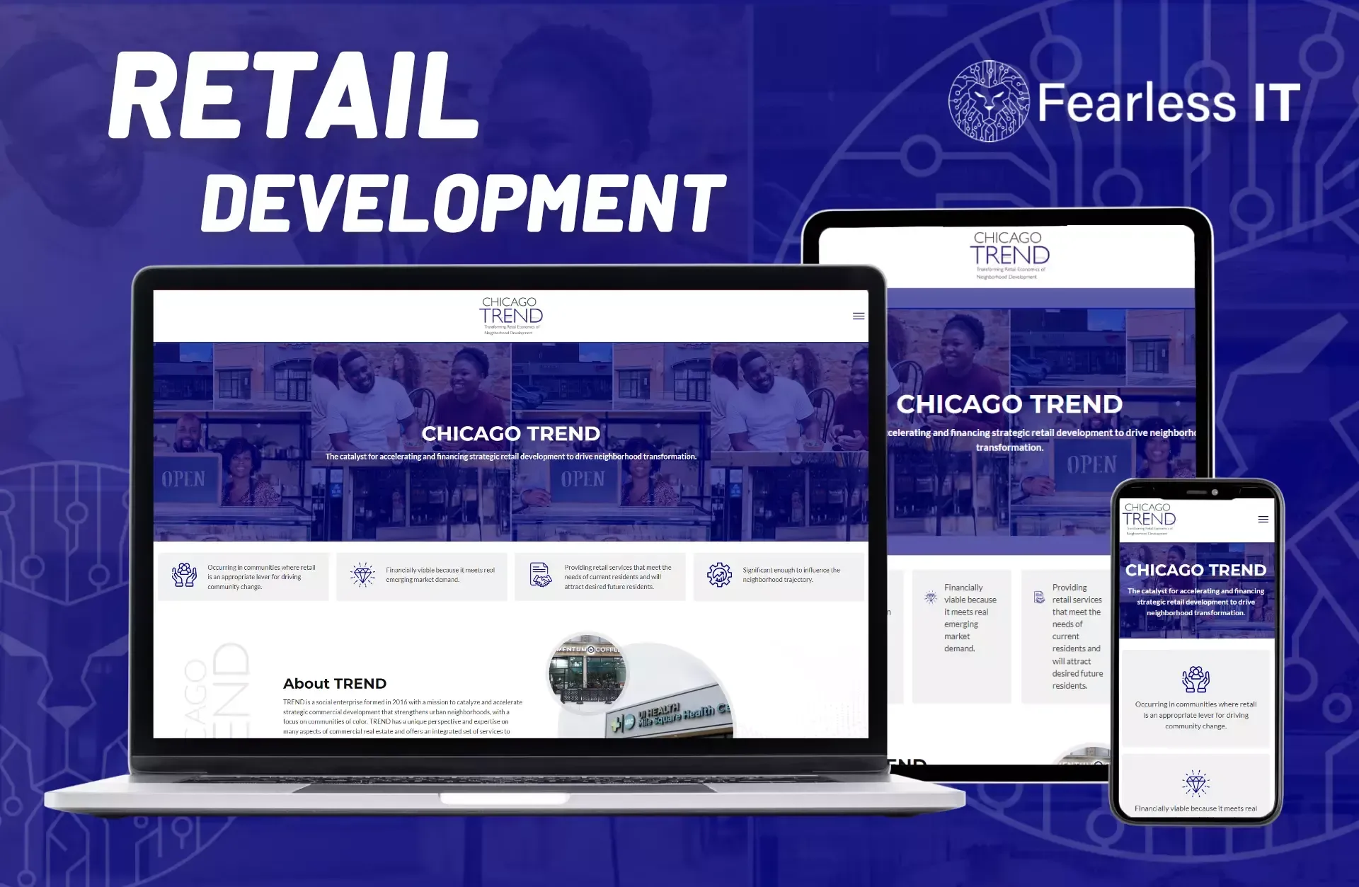 Digital devices showing a website for Chicago Trend, highlighting Fearless IT's retail development services.