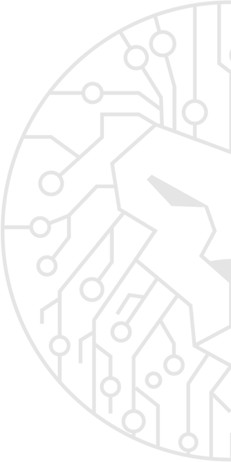Light gray line art of a stylized lion face integrated with circuit board patterns on a circular background.