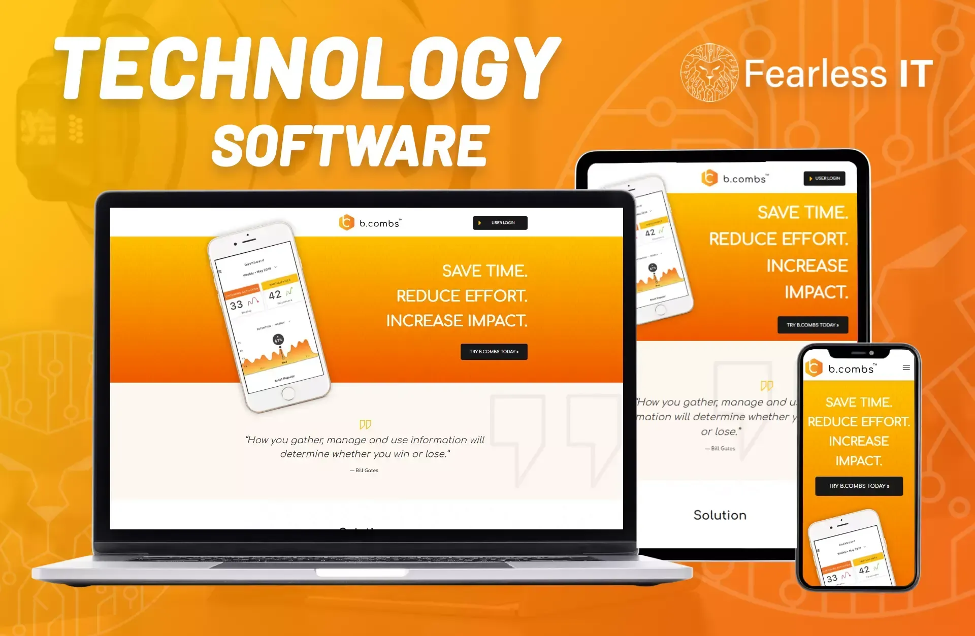 A laptop, tablet, and smartphone displaying a website with an orange gradient background and the text 