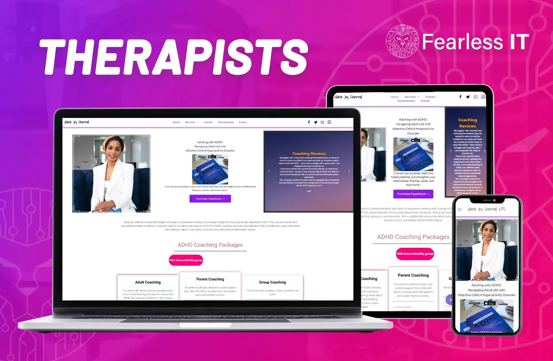 Digital display showing Fearless IT's website for therapists across a laptop, tablet, and smartphone in a magenta setting.