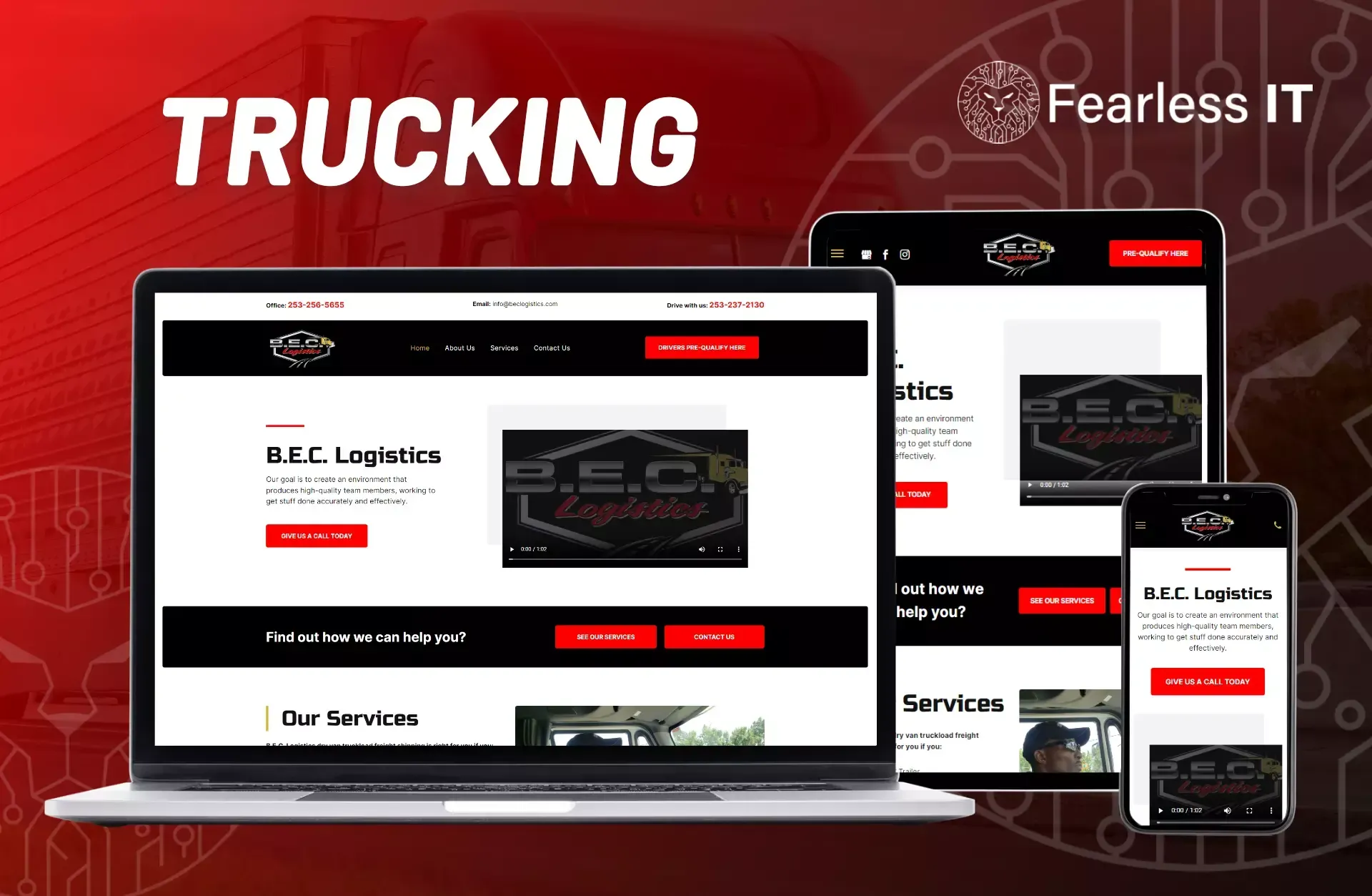 Laptop, tablet, and smartphone displaying a website for a trucking logistics company with red and white branding.