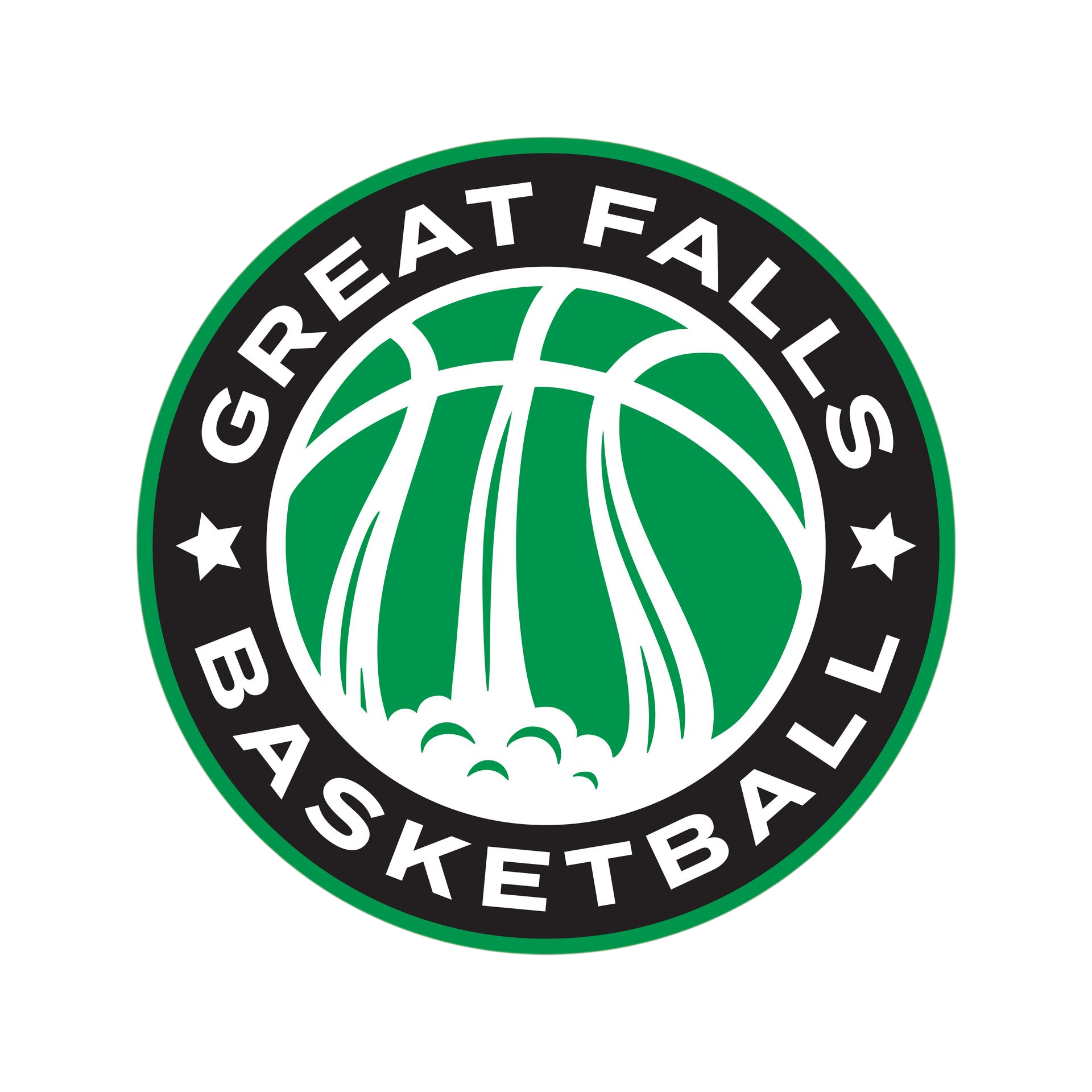 Great Falls Basketball logo with a green basketball and white hoop on black circle