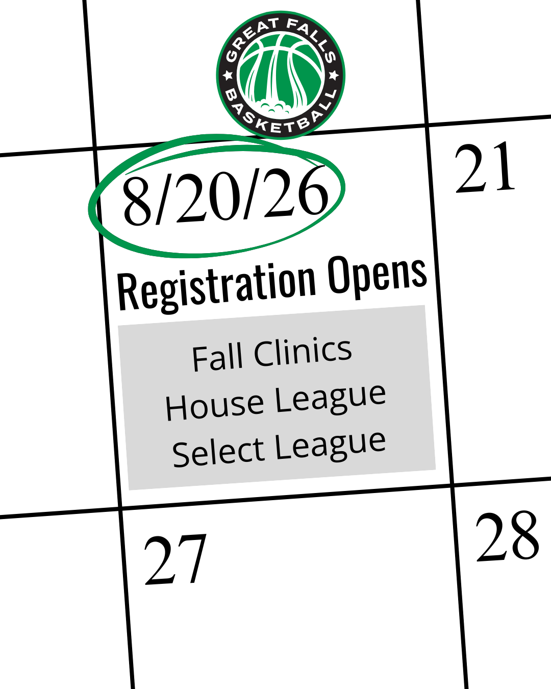 Calendar entry: 8/20/26 Registration Opens for Fall Clinics, House League, and Select League.