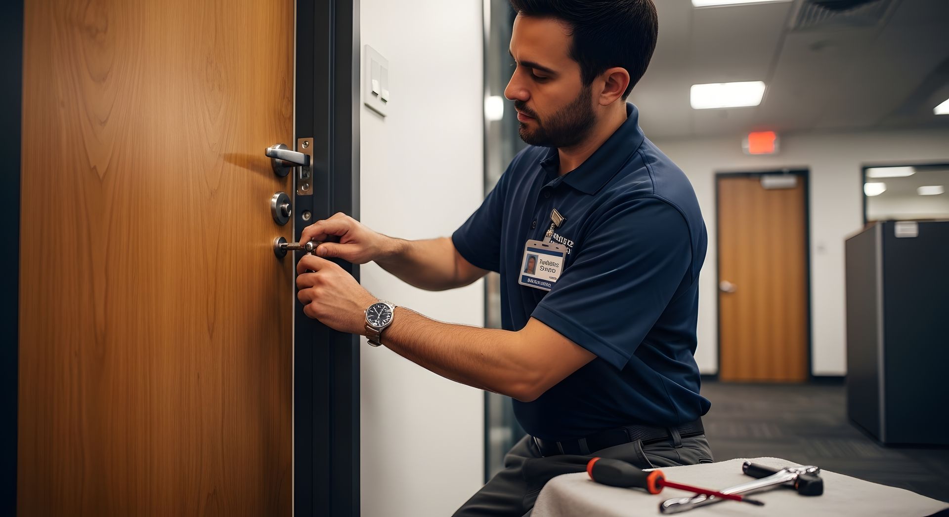 Locksmith fixing door lock. Locksmith fixing door lock.