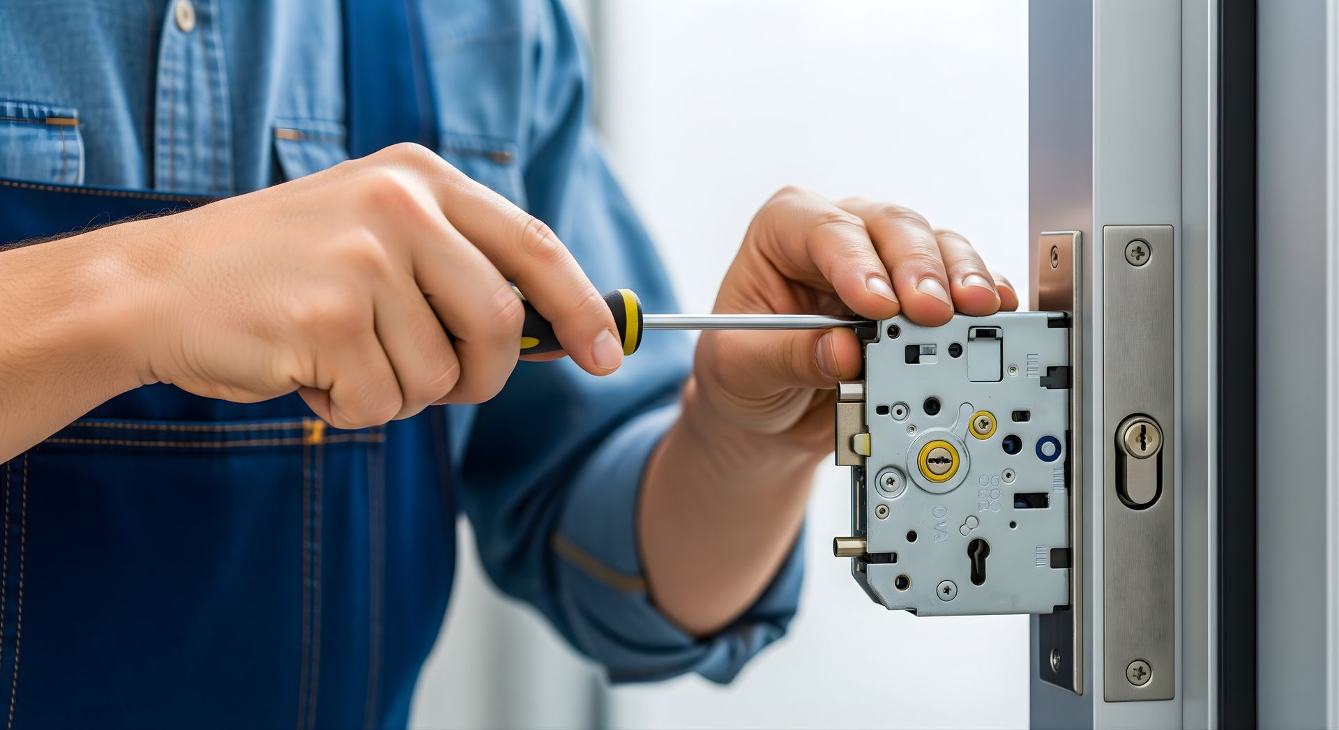 Locksmith installing a door lock for home security