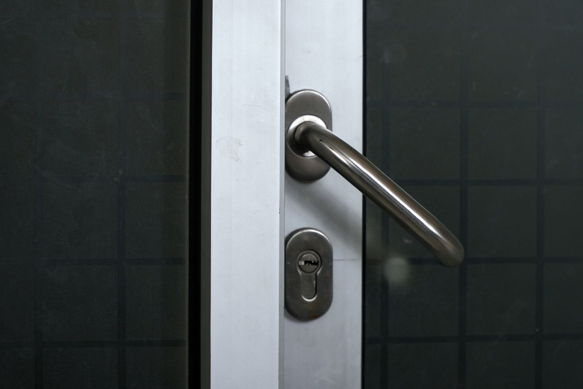 Close-up of a modern glass door with stainless steel handle and lock cylinder.