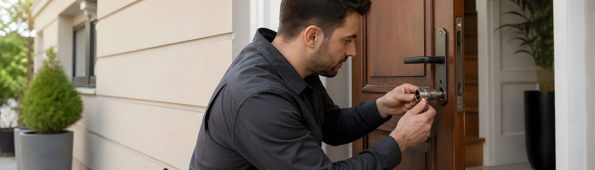 Locksmith repairing a door lock at a home entrance