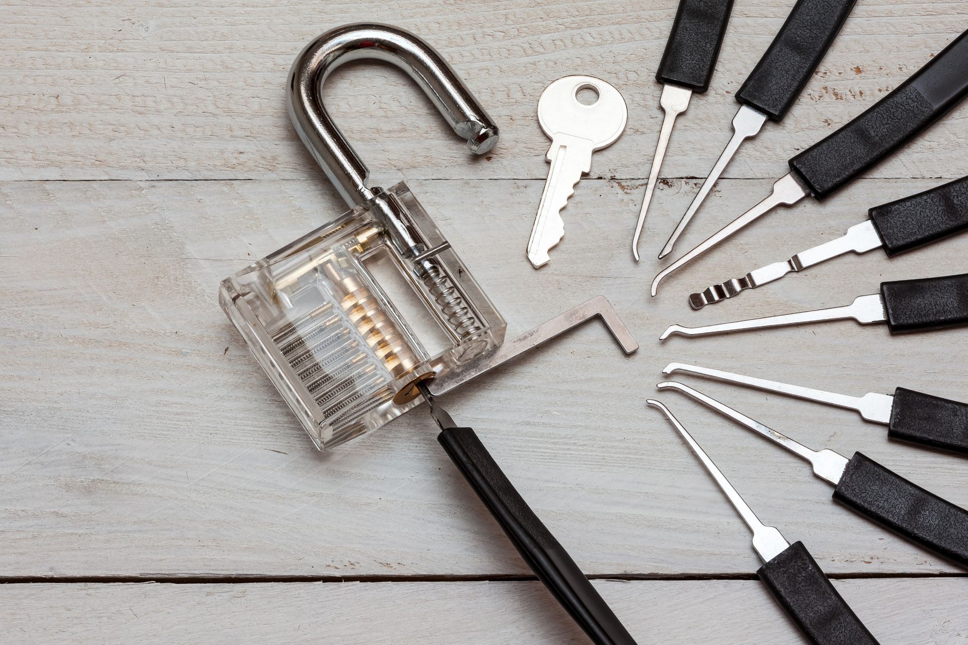 Several lockpicking to open a lock on a door.