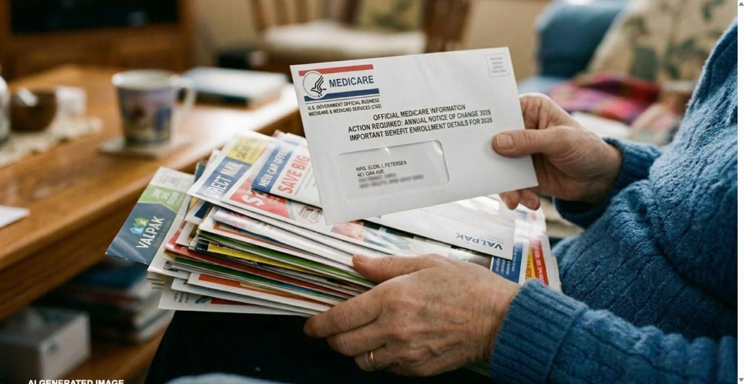Older person holding a stack of mail with a Medicare Annual Notice of Change envelope on top