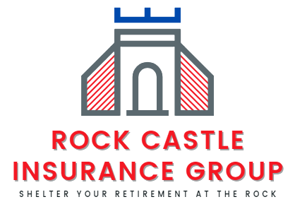 Rock Castle Insurance Group logo with gray castle icon, red text, and tagline &ldquo;Shelter Your Retirement at the Rock&rdquo;
