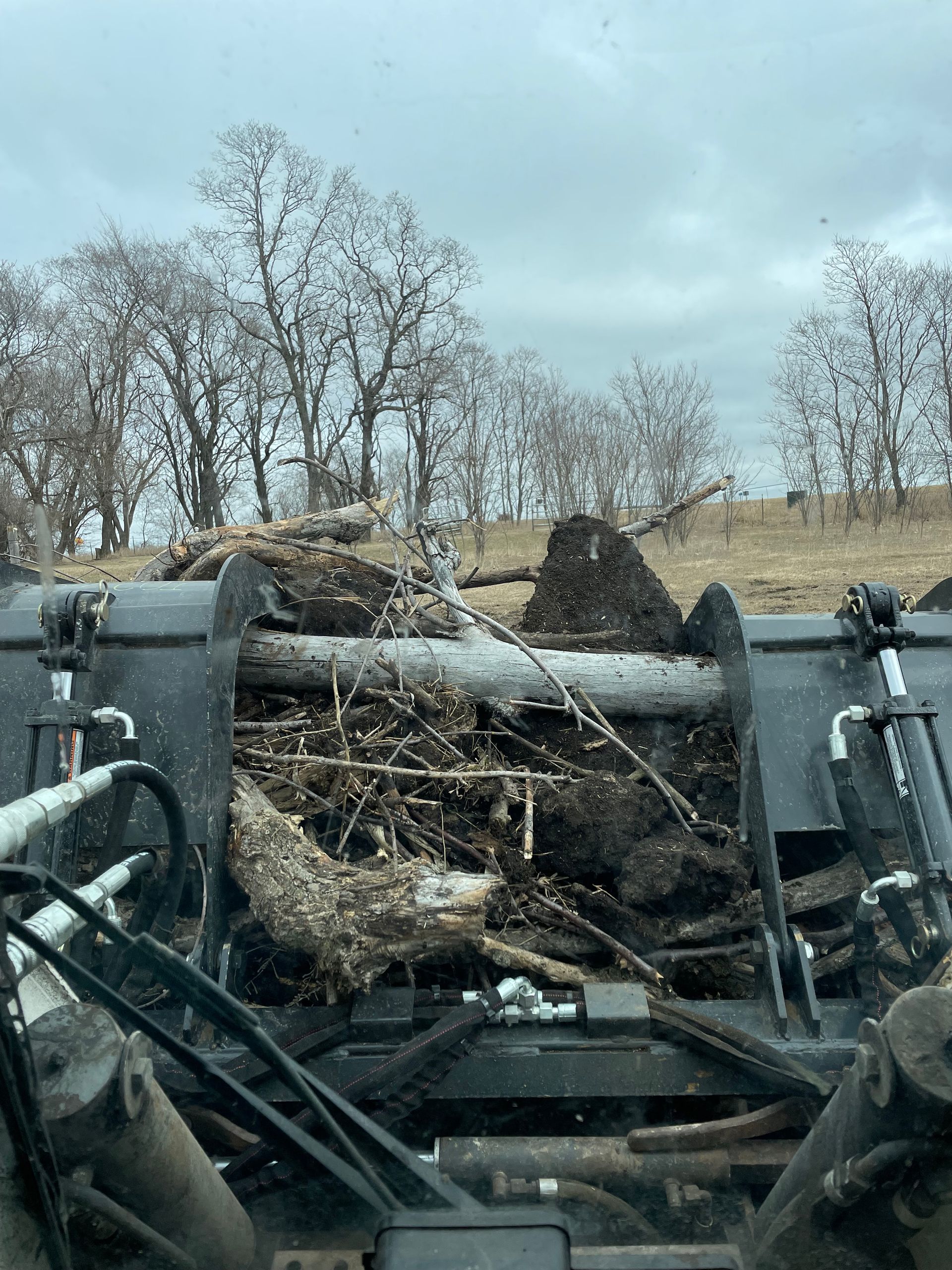 View from a tractor cab, a bucket full of wood and debris. Trees and a field in background.