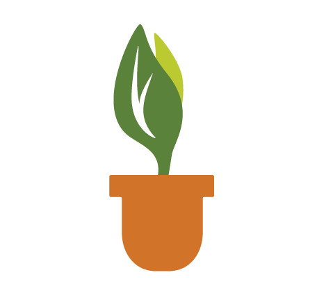 A stylized brown flower pot with a green plant growing out of it. The plant has two leaves.