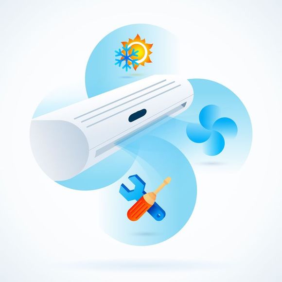 An illustration of an air conditioner with a wrench and screwdriver