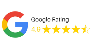 Google rating: 4.9 stars. Google logo with four filled and one partially filled yellow stars.