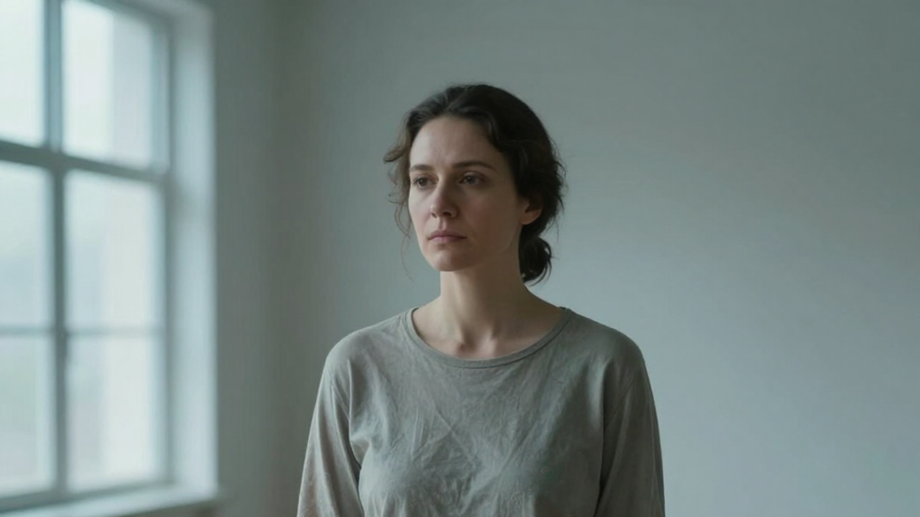 A woman in a gray shirt stands by a window in a plain, softly lit room.