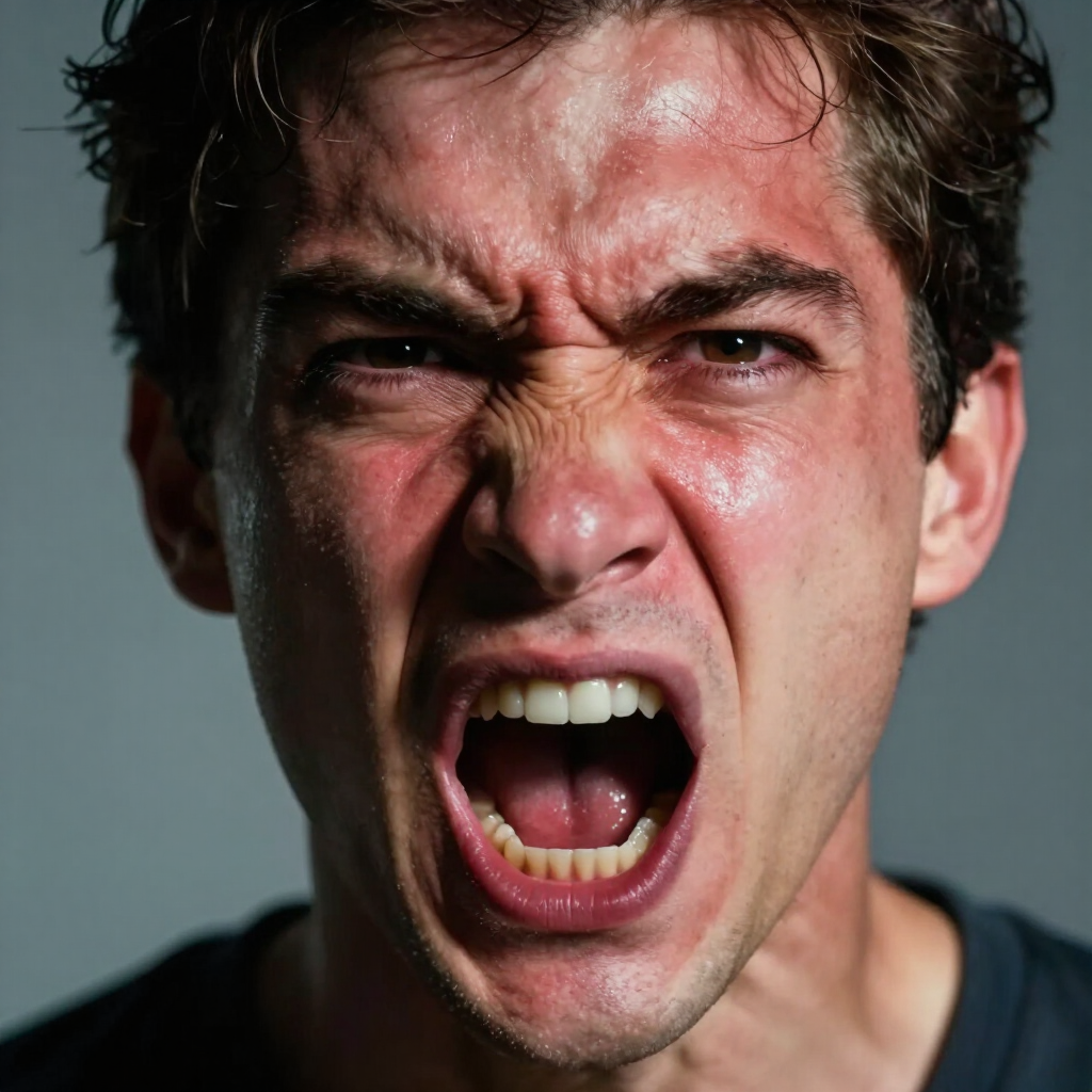 Close-up of a man shouting with an intense facial expression against a plain background