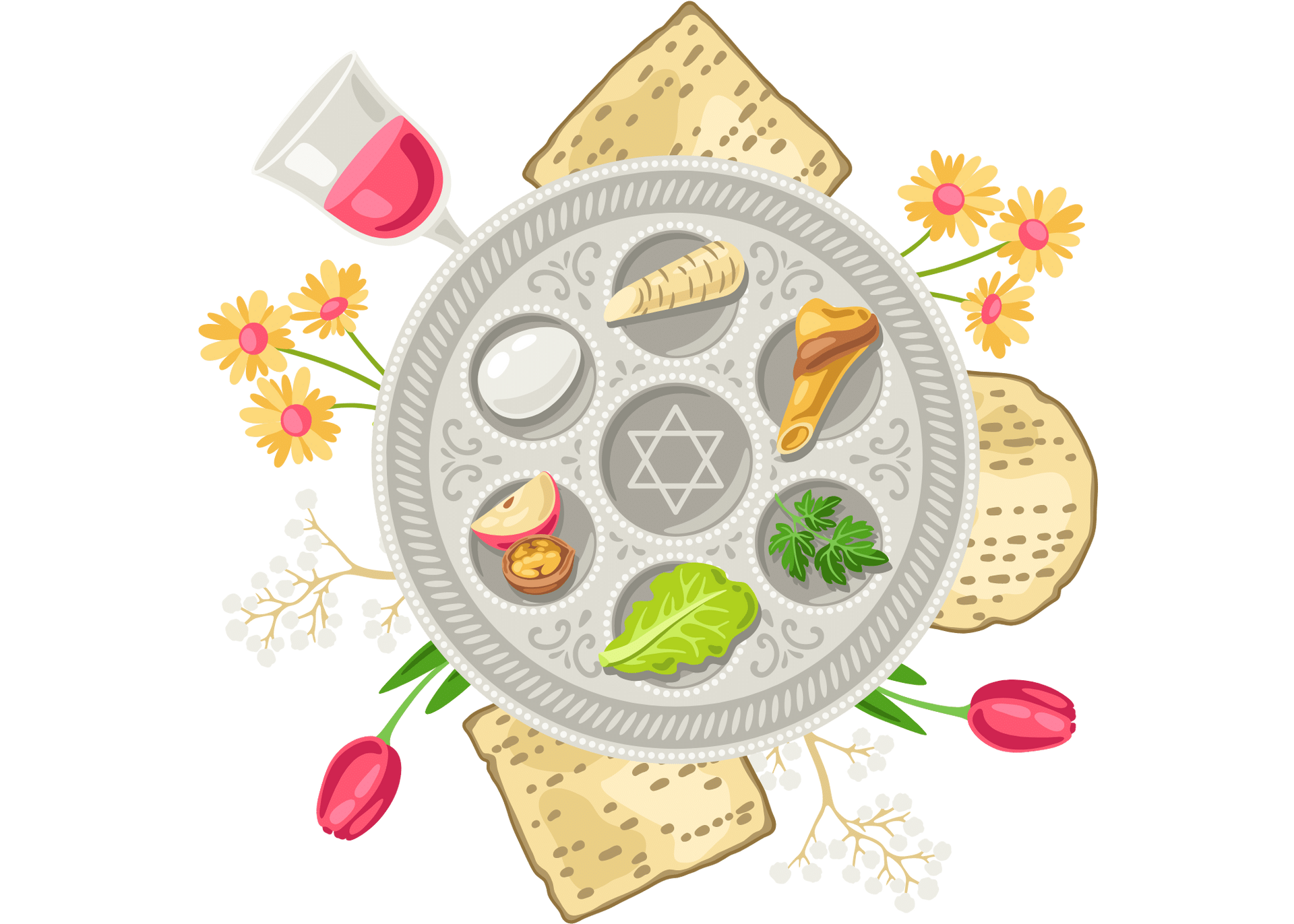 There is a plate with a star of david on it and a glass of wine.