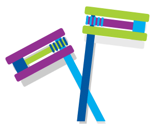 Two colorful toothbrushes are crossed over each other on a white background