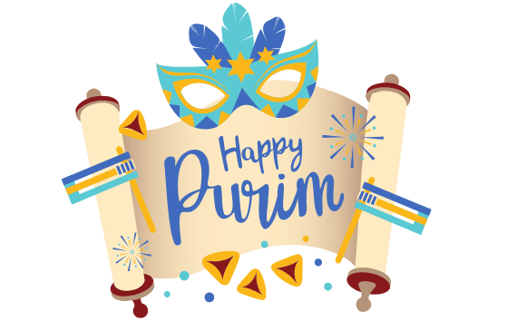 A happy purim greeting card with a mask , scrolls , and fireworks.