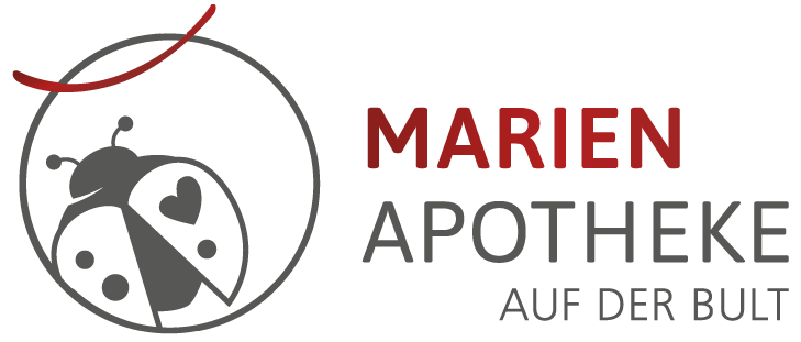 Marien-Apotheke-Logo mit rotem und grauem Schriftzug und einem runden Apothekensymbol
