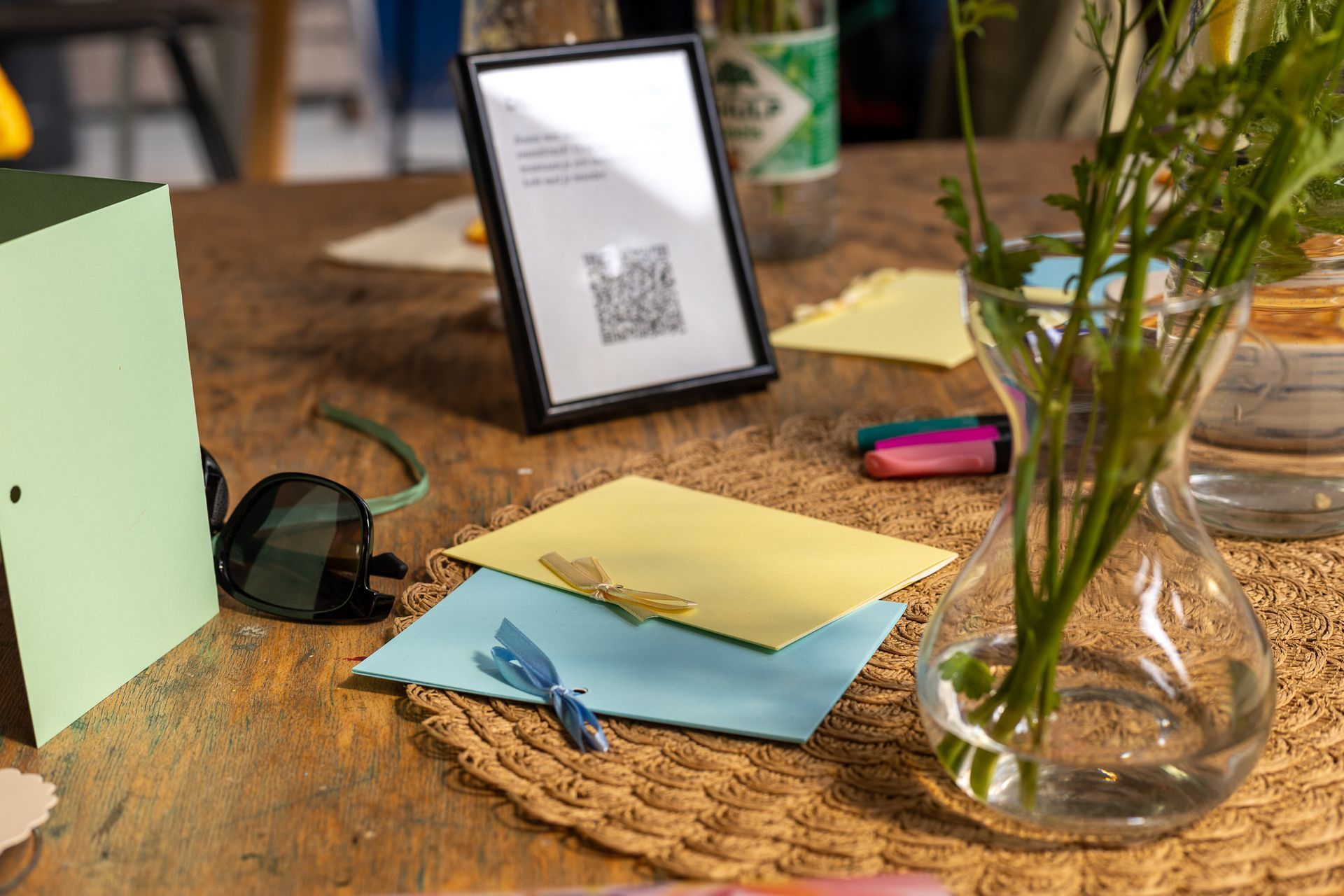 Gekleurde envelopjes, een zonnebril, ingelijste QR-code, pennen en een glazen vaas met bloemen op een houten tafel.