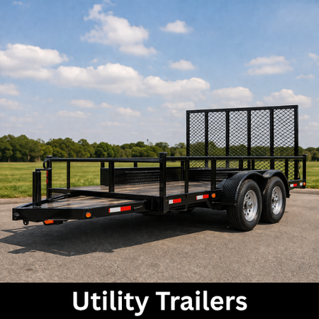 Black utility trailer with mesh ramp gate and dual axles parked on a paved lot under a blue sky