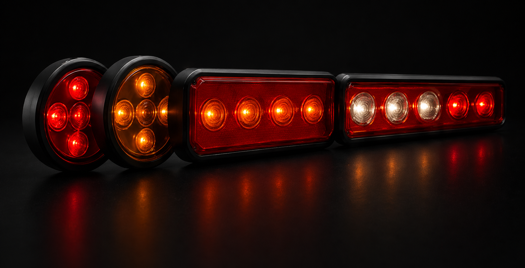 Red and amber vehicle tail lights glowing in the dark