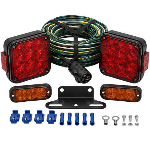 Trailer light kit with red square lights, amber marker lights, wiring harness, mounting bracket, and hardware