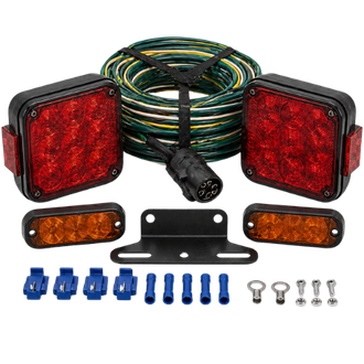Trailer light kit with red square lights, amber marker lights, wiring harness, mounting bracket, and hardware